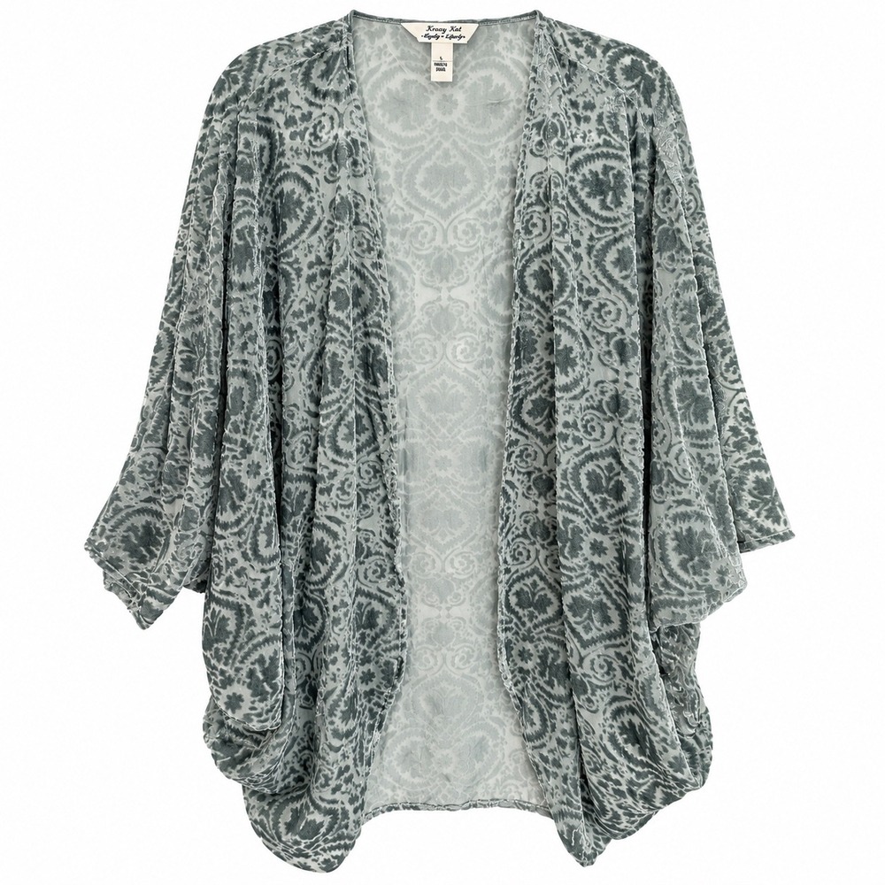 Krazy Kat Kimono Cardigan Burnout Velvet L Sage Green Boho Damask Open Front